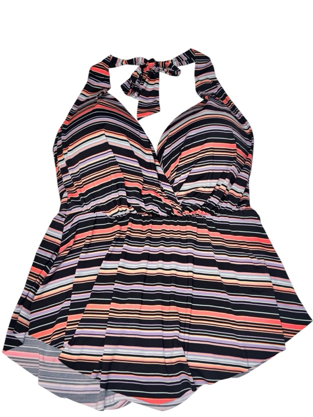 Striped Halter Swimdress in Coral, black & purple - Picture 1 of 5